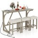 4-Piece Bar Table Set with Power Outlet and Upholstered Saddle Seat Stools