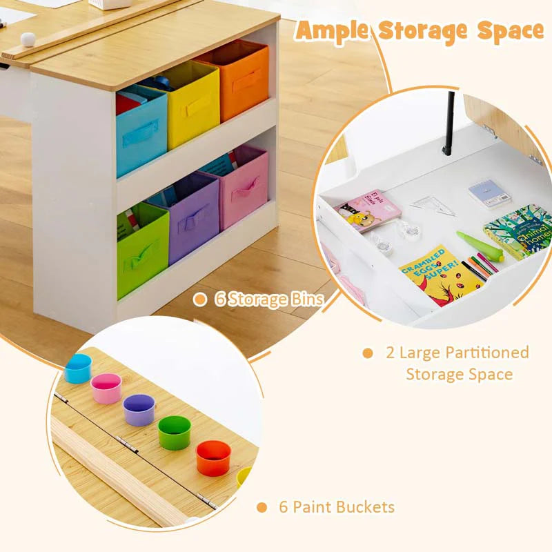 2-in-1 Kids Art Table Chair Set for Drawing Writing, Toddler Craft Play Wood Activity Desk w/2 Chairs Paper Roll Storage Canvas Bins