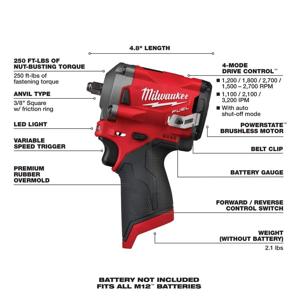 Milwaukee M12 FUEL 3/8′′ Cordless Brushless Stubby Impact Wrench, 250 ft-lbs Torque, Tool-Only