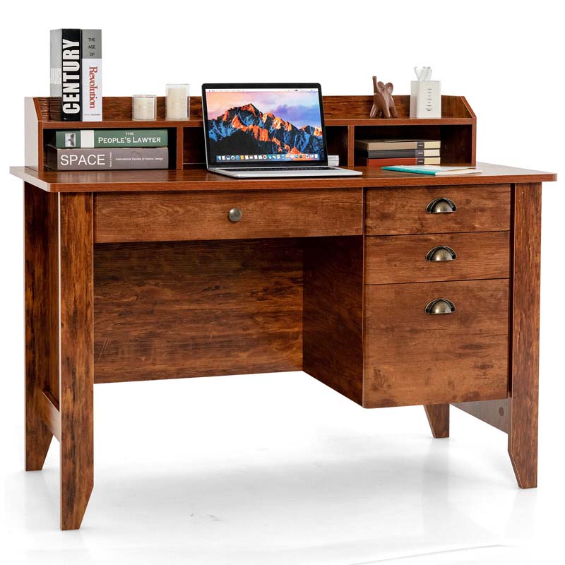 48" Vintage Home Office Desk, Executive Computer Desk Study Desk with 4 Storage Drawers & Hutch
