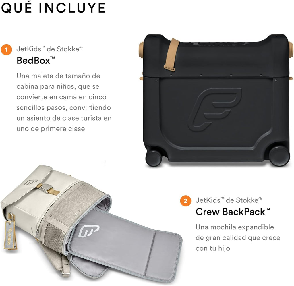 JetKids by Stokke Travel Bundle - Includes Kid’s Ride-On Suitcase & In-Flight Bed + Crew BackPack - Best for Ages 3-7