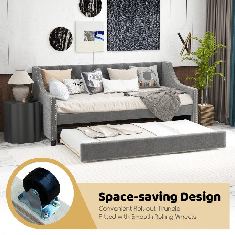 Twin Size Daybed with Trundle Sofa Bed with Curved Armrests and Backrest
