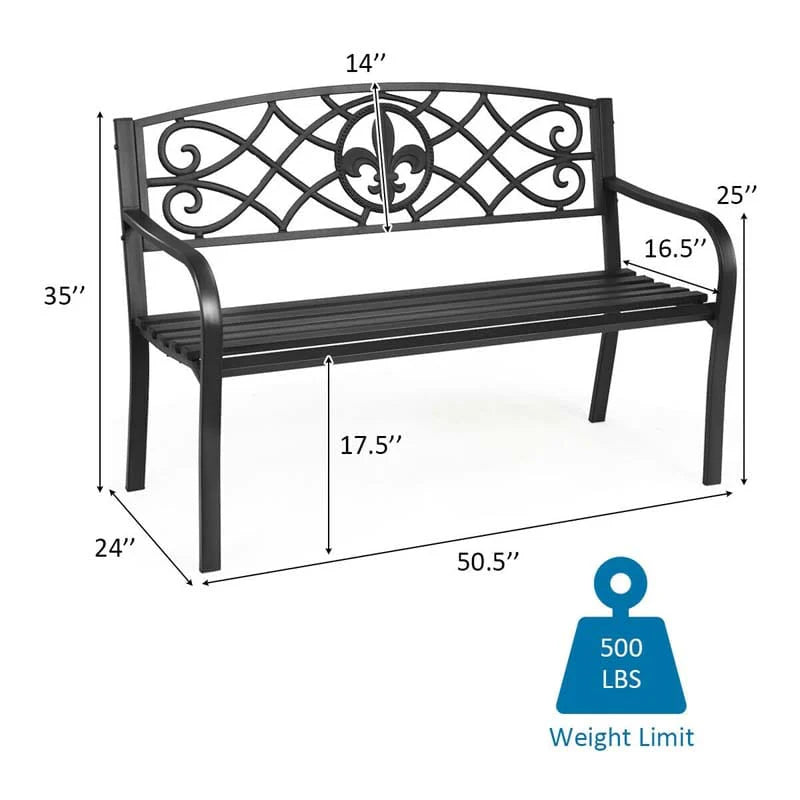 50" Weatherproof Outdoor Patio Bench with Pattern Backrest, Heavy-Duty Metal Park Bench for Garden Backyard Porch