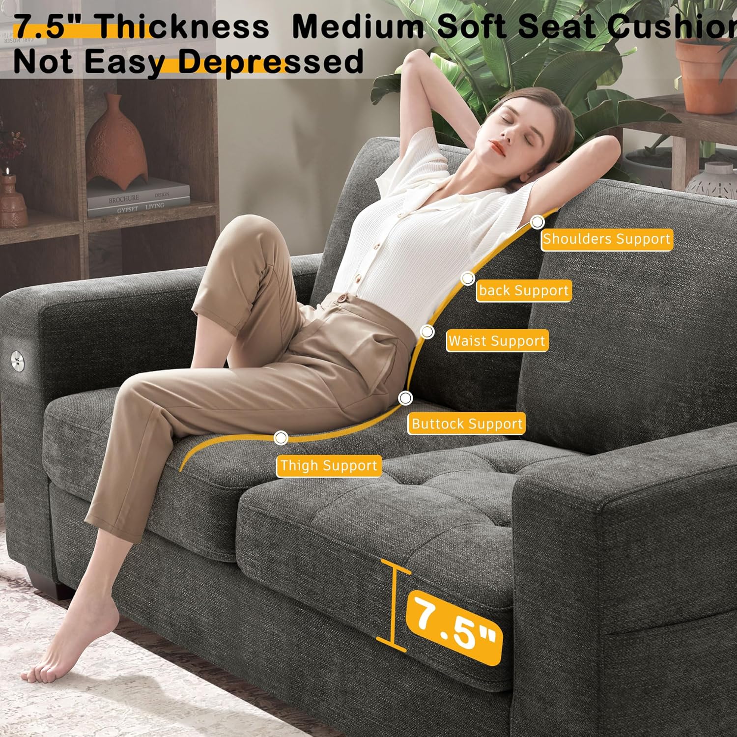 Hanherry 89" Sofa for Living Room, Modern Comfy Sofa with Medium Firm Seat Cushion, Removable Cover,Wide Armrest,USB/Type-C Port,Chenille Fabric Couches for Small Space,Apartment
