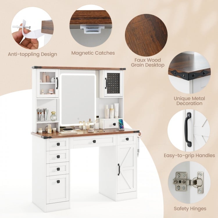 Farmhouse Vanity Desk with Lighted Mirror and 3 Doors