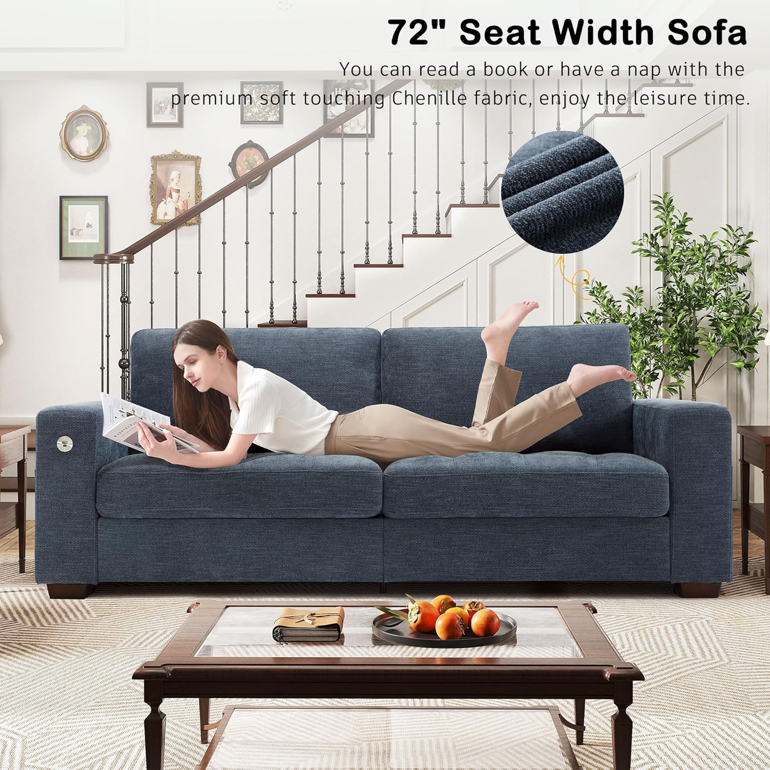 Hanherry 89" Sofa for Living Room, Modern Comfy Sofa with Medium Firm Seat Cushion, Removable Cover,Wide Armrest,USB/Type-C Port,Chenille Fabric Couches for Small Space,Apartment