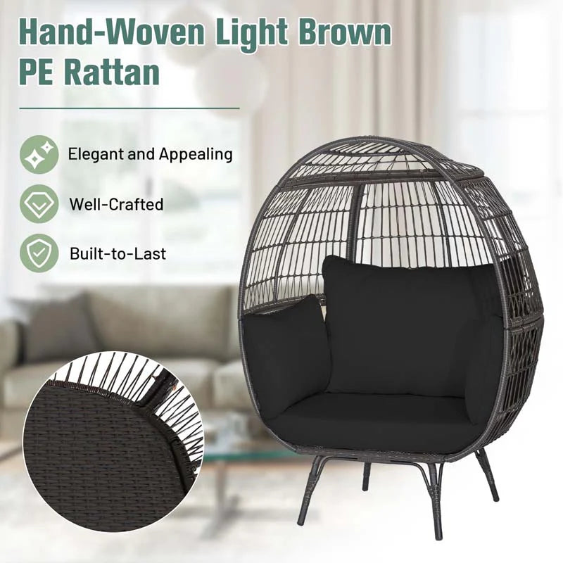 Oversized Wicker Egg Chair with 4 Cushions, Steel Frame Basket Chair Indoor Outdoor Patio Lounge Chair