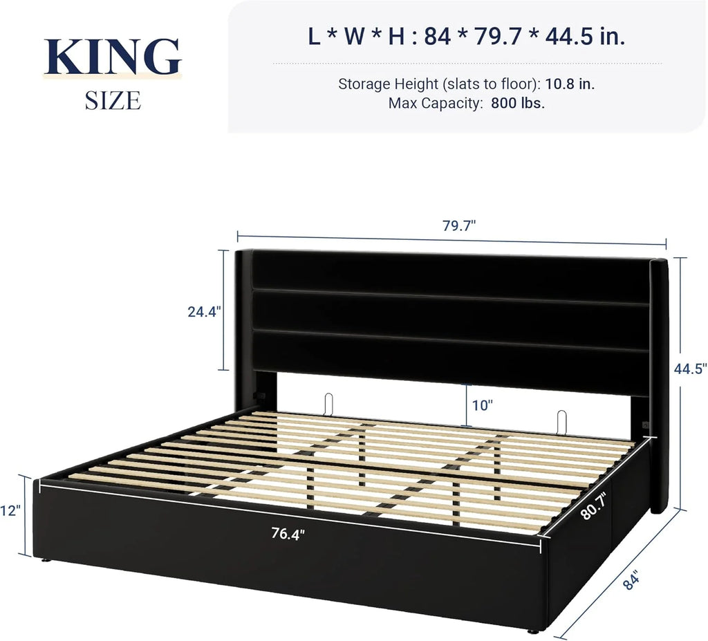 Allewie Queen Size Lift Up Storage Bed, Modern Wingback Headboard, Hydraulic Support, No Box Spring Needed, Light Beige