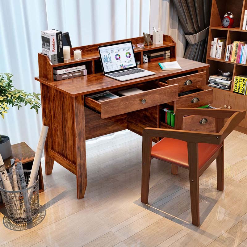 48" Vintage Home Office Desk, Executive Computer Desk Study Desk with 4 Storage Drawers & Hutch