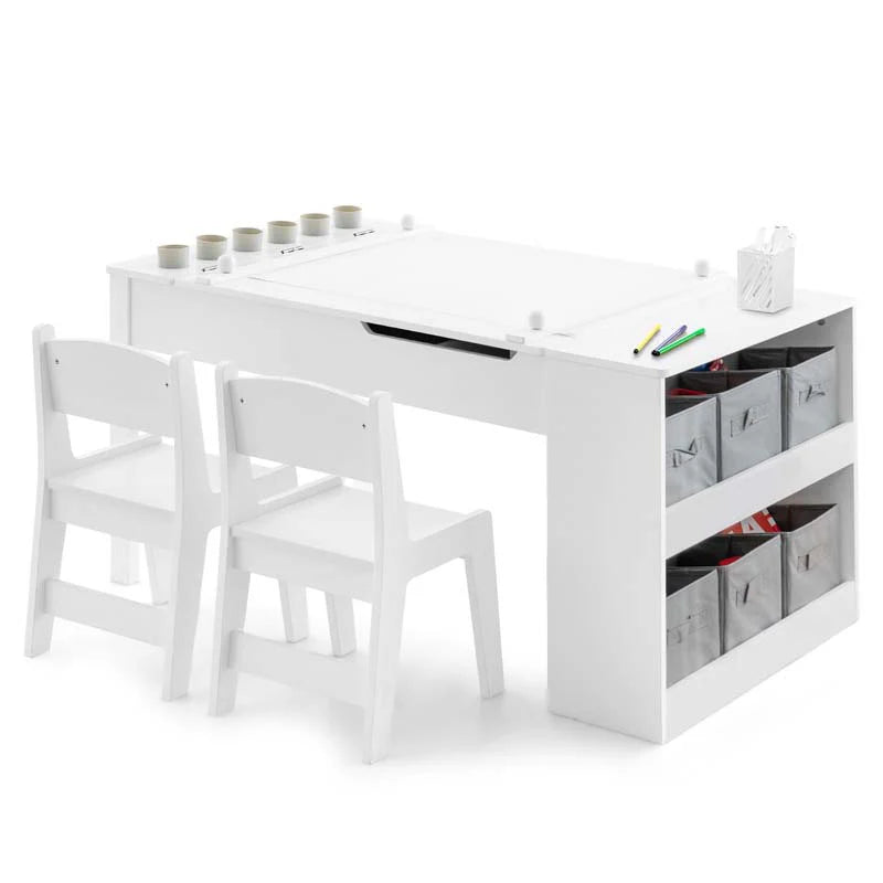 2-in-1 Kids Art Table Chair Set for Drawing Writing, Toddler Craft Play Wood Activity Desk w/2 Chairs Paper Roll Storage Canvas Bins