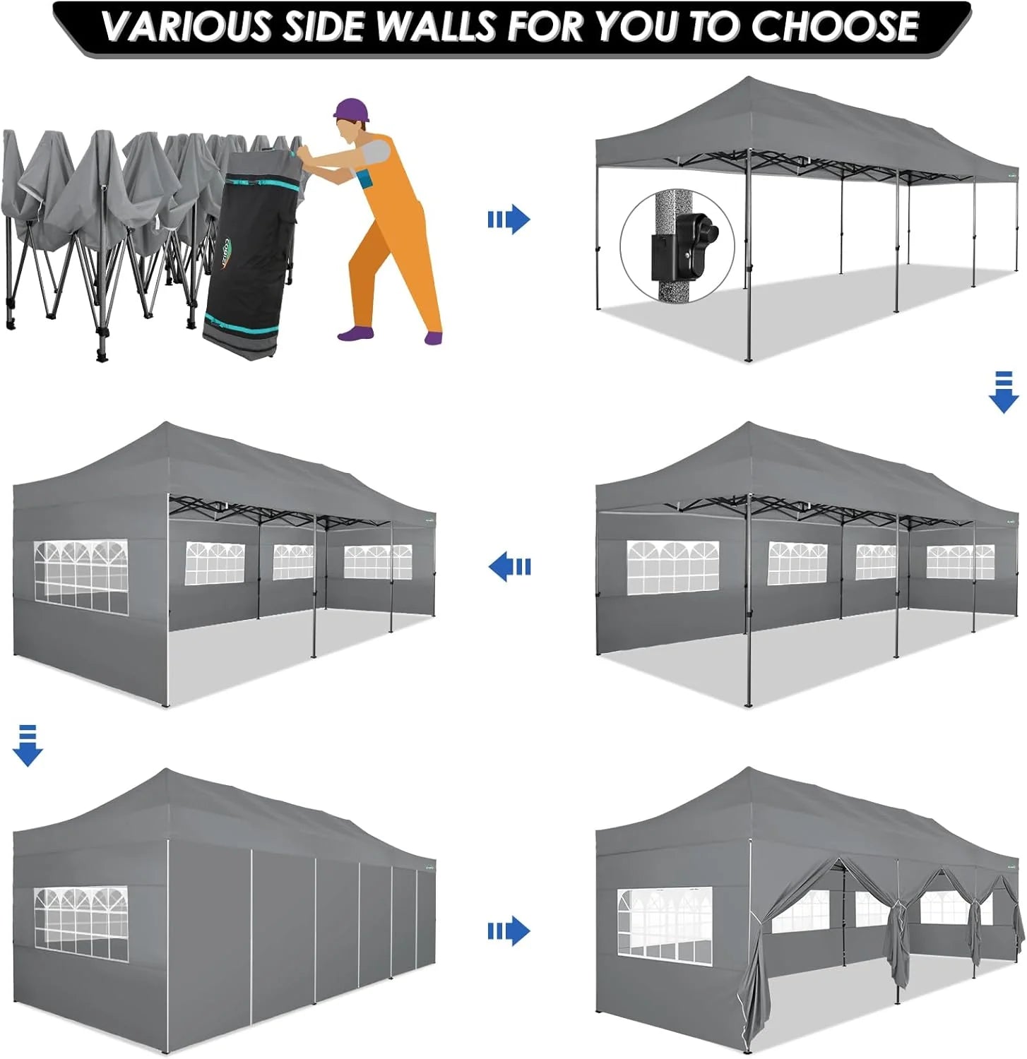 COBIZI 10x20 Heavy Duty Pop up Canopy Tent with 6 sidewalls Easy Up Commercial Outdoor Canopy Wedding Party Tents for Parties All Season Wind & Waterproof Gazebo with Roller Bag,Black(Frame Thickened)