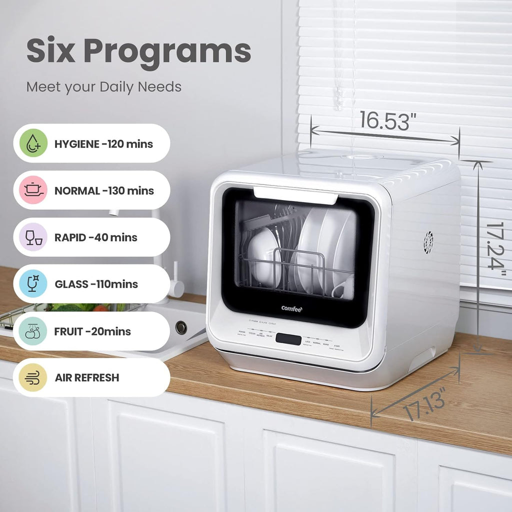 COMFEE' Portable Dishwasher Countertop with 5L Built-in Water Tank, No Hookup Needed, 6 Programs, 360�� Dual Spray, 192??High-Temp& Air-Dry Function, Mini Dishwasher for RVs, White