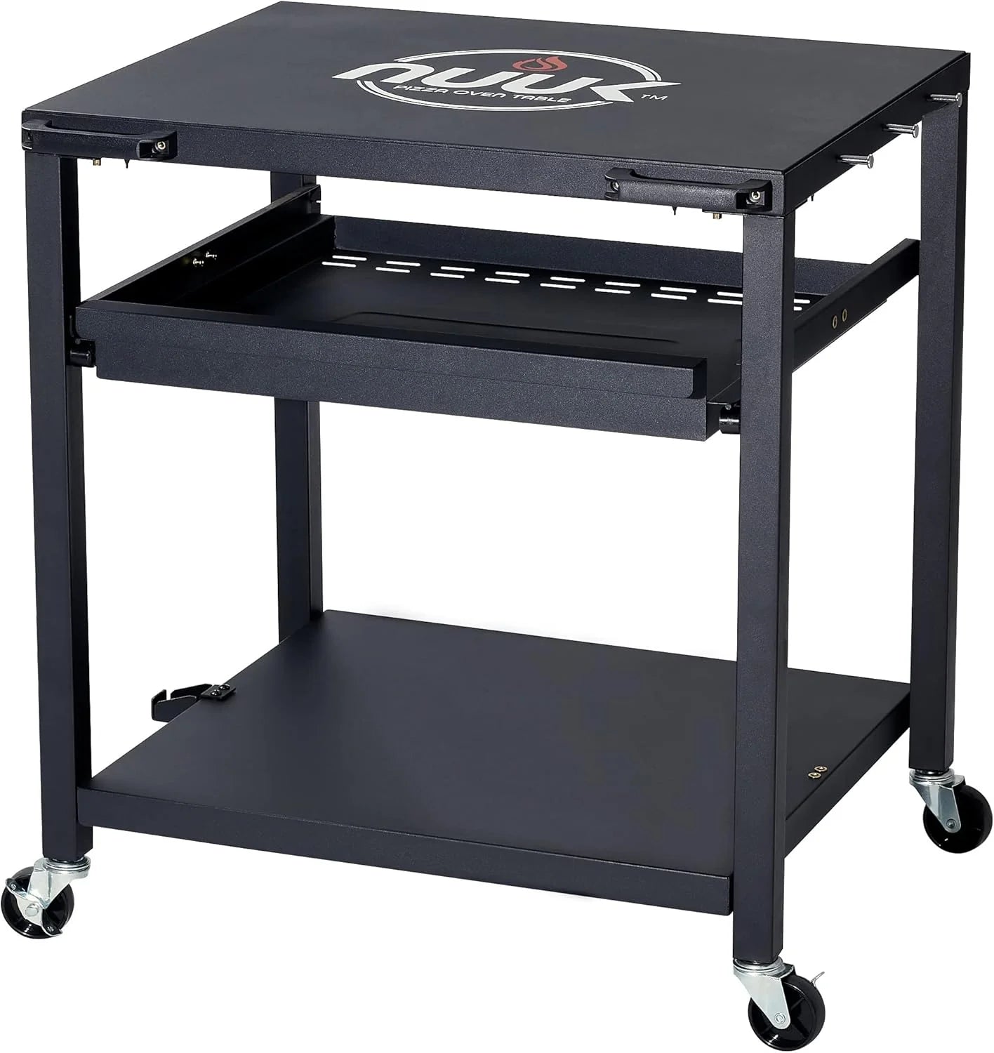 NUUK Outdoor Pizza Oven Table, Heavy Duty Rolling Prep Station with Three Shelves, 24′′x30′′, Stainless or Solid Steel