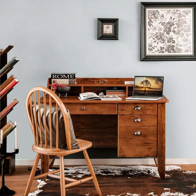 48" Vintage Home Office Desk, Executive Computer Desk Study Desk with 4 Storage Drawers & Hutch