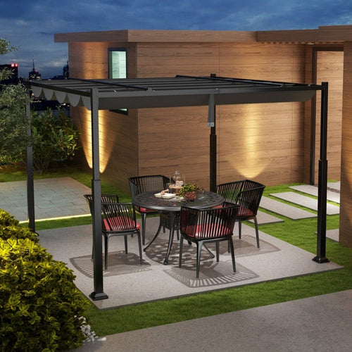 10 x 10 Feet Outdoor Pergola with Retractable Canopy and Metal Columns