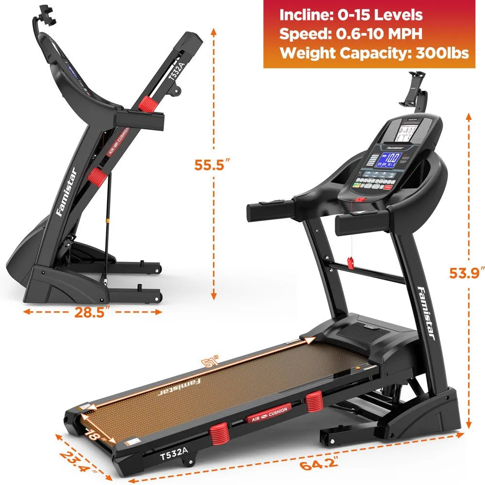 Famistar Folding Treadmill for Home with 15 Levels Auto Incline, 300LB Capcity, 10MPH Fast Speed Controls