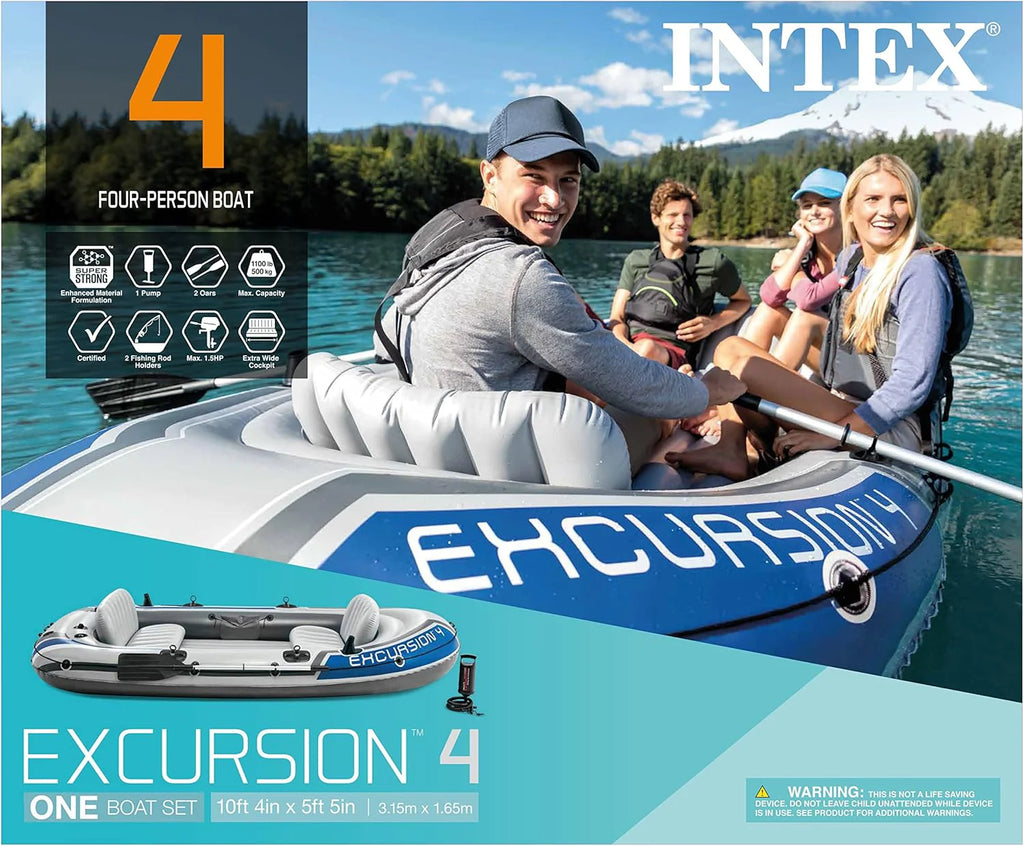 INTEX Excursion Inflatable Boat Series: Includes Deluxe 54in Boat Oars and High-Output Pump �C SuperTough PVC �C Adjustable Seats with Backrest �C Fishing Rod Holders �C Welded Oar Locks