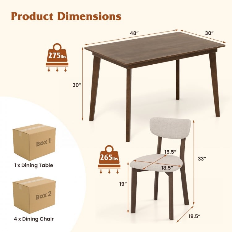 5-Piece Dining Table Set for 4 with Rubber Wood Frame and Padded Set