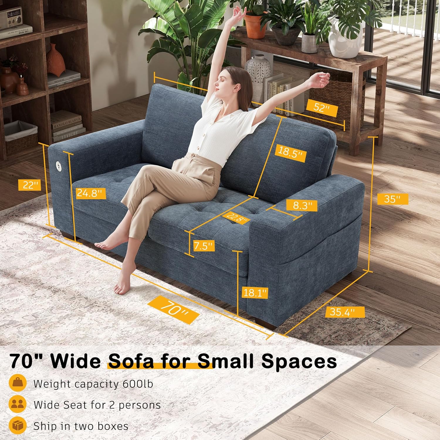 Hanherry 89" Sofa for Living Room, Modern Comfy Sofa with Medium Firm Seat Cushion, Removable Cover,Wide Armrest,USB/Type-C Port,Chenille Fabric Couches for Small Space,Apartment