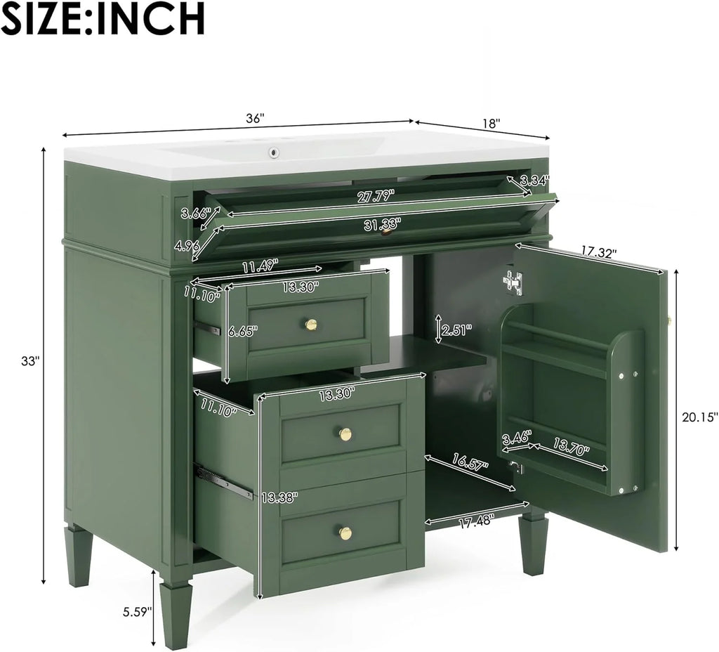 36" Bathroom Vanity with Single Sink Combo, Modern Undermount Bathroom Sink Cabinet with 2 Drawers and a Tip-Out Drawer, Freestanding Bathroom Vanities, Soft Closing, Solid Wood Frame