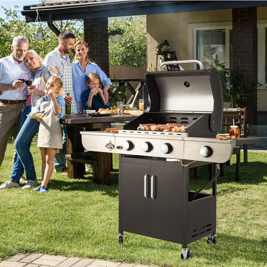 Upgraded 4 Burner BBQ Propane Gas Grill with Cast Iron Grates & Side Stove, 44,000 BTU Stainless Steel Burner Barbecue Grill for Patio, Camping, Outdoor Cooking MELLCOM