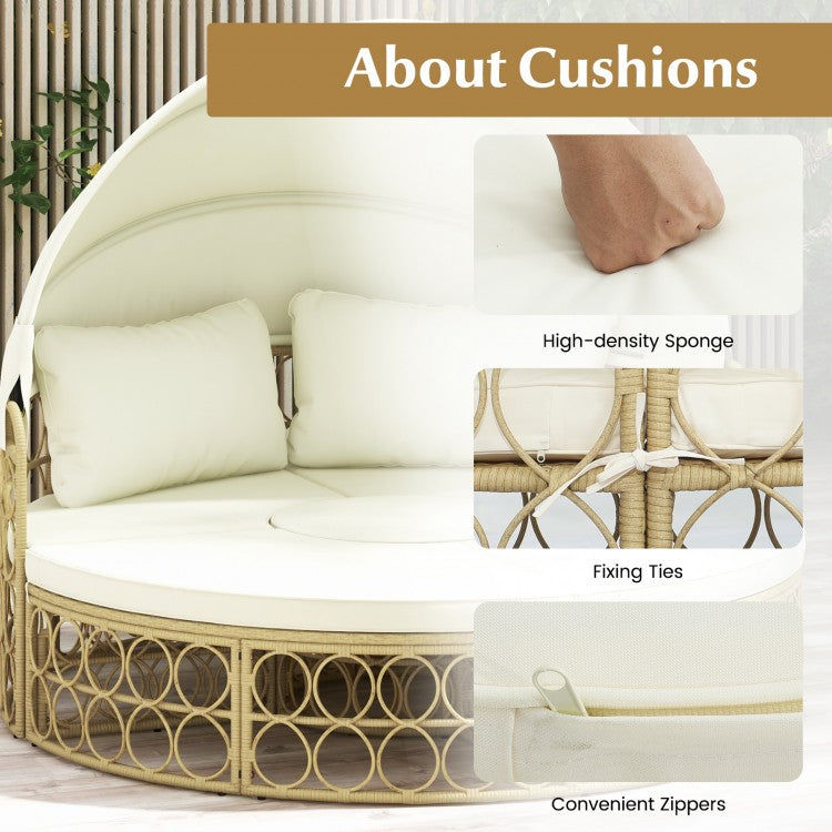 Outdoor Patio Round Daybed with Retractable Canopy and Soft Cushions