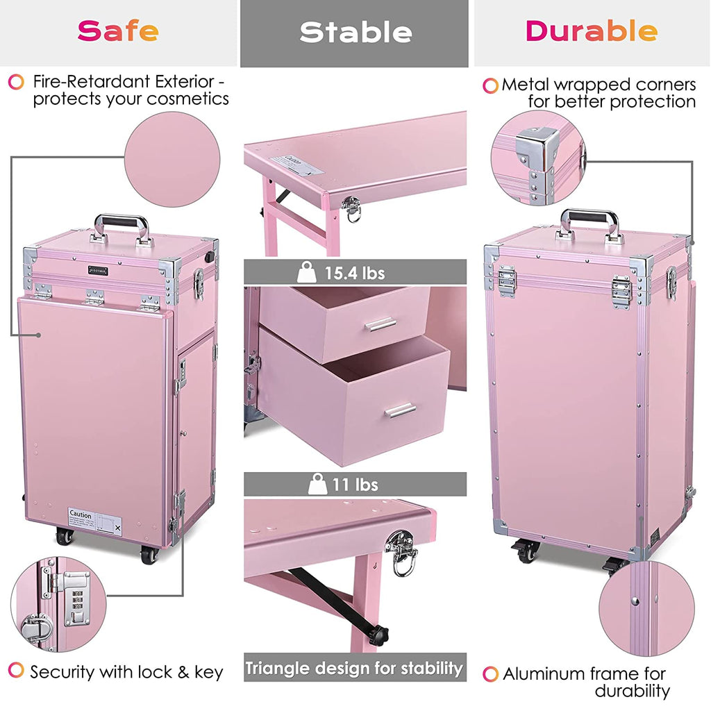 Byootique Portable Nail Desk & Makeup Station with Mirror, 4 Drawers, Bluetooth, USB, Pink