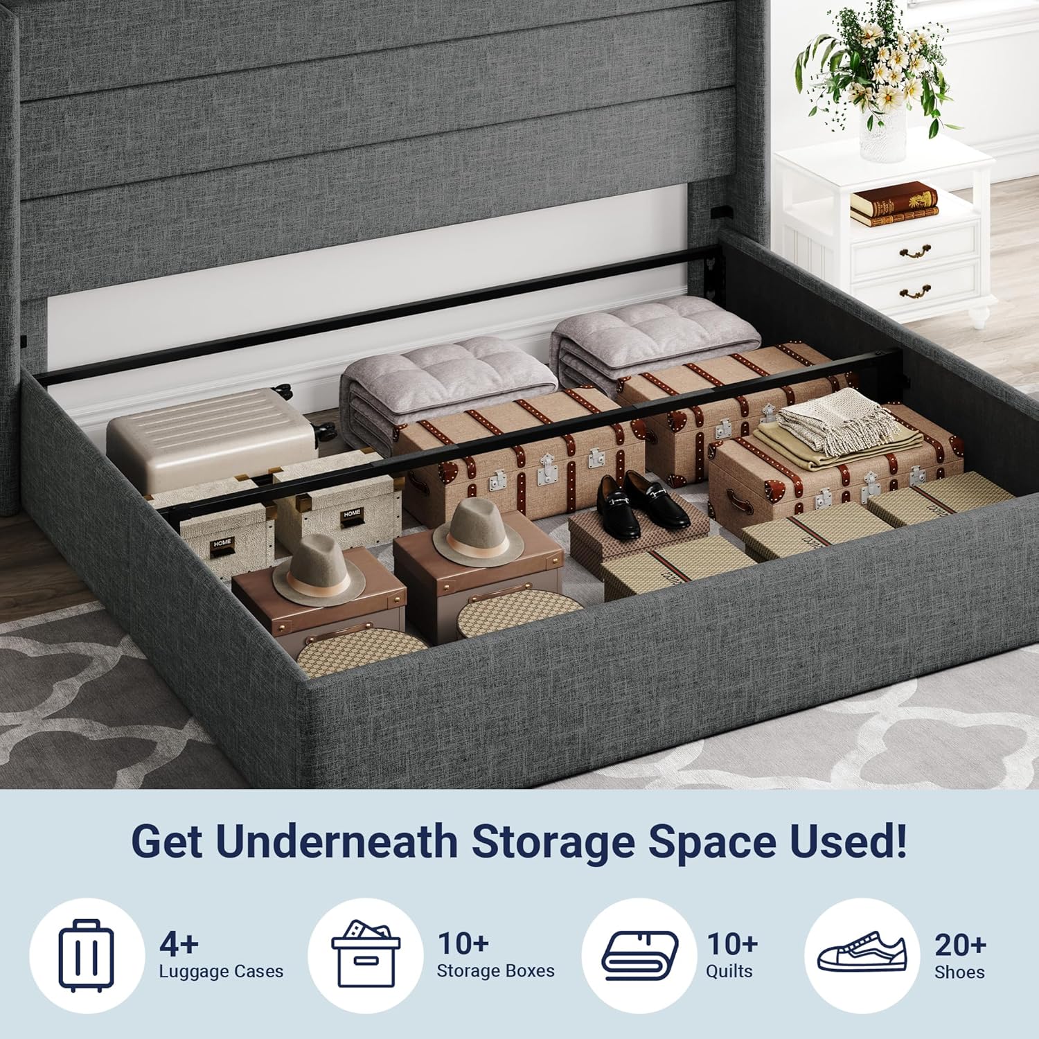 Allewie Queen Size Lift Up Storage Bed, Modern Wingback Headboard, Hydraulic Support, No Box Spring Needed, Light Beige