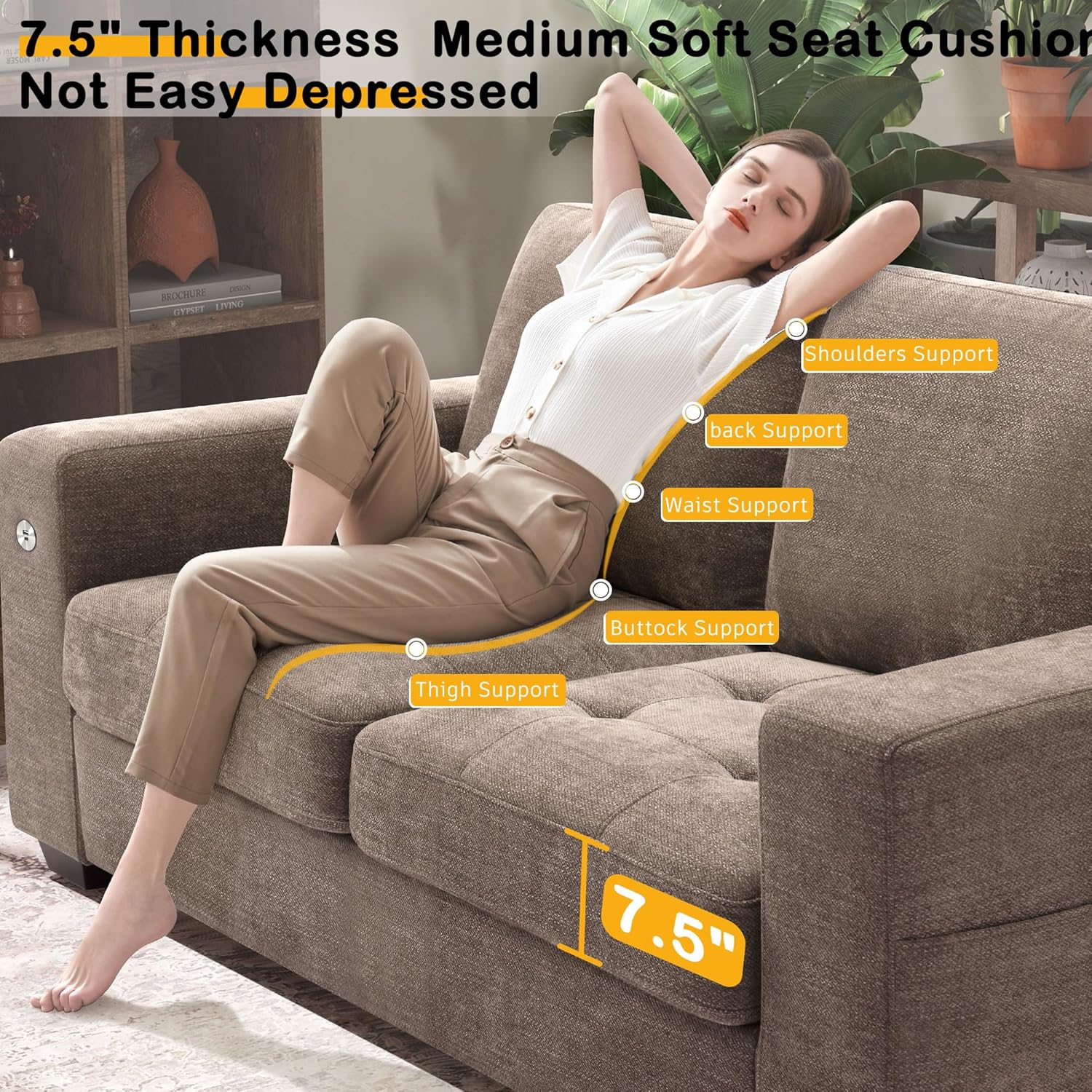 Hanherry 89" Sofa for Living Room, Modern Comfy Sofa with Medium Firm Seat Cushion, Removable Cover,Wide Armrest,USB/Type-C Port,Chenille Fabric Couches for Small Space,Apartment
