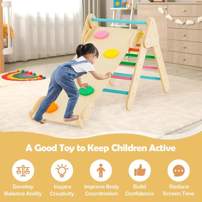 5-in-1 Montessori Wooden Climbing Toys for Toddlers, Arch Climber Ladder with Sliding Ramp, Kids Triangle Climber Play Gym Set