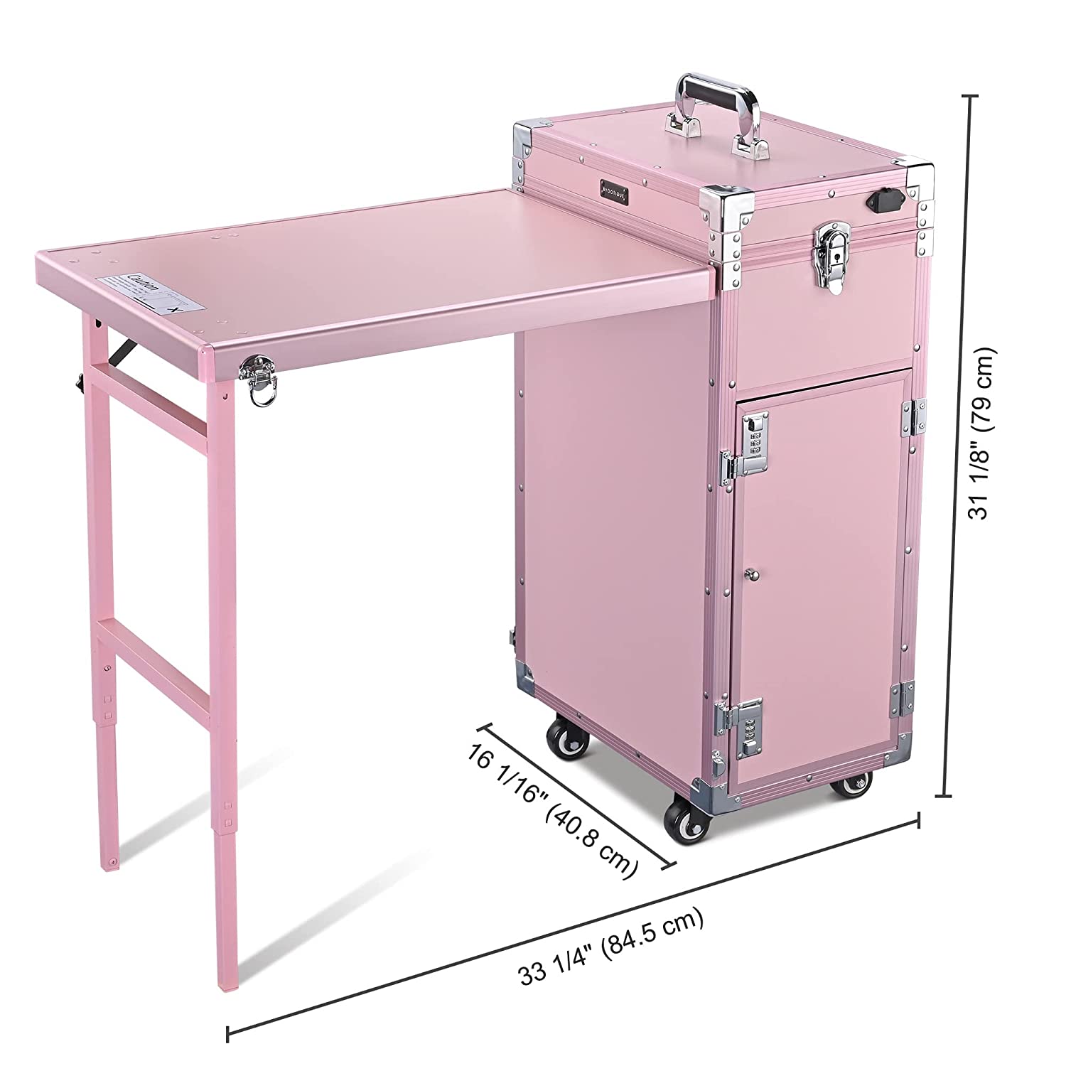 Byootique Portable Nail Desk & Makeup Station with Mirror, 4 Drawers, Bluetooth, USB, Pink