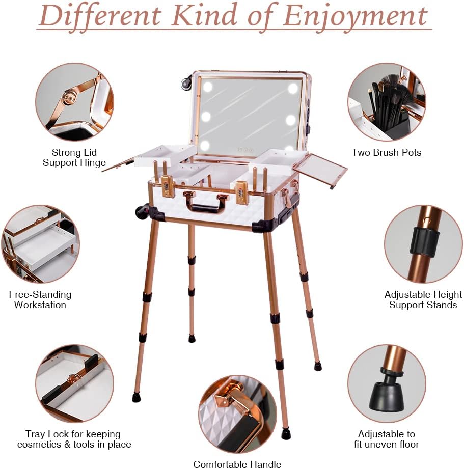 Medium Makeup Train Case with Code Lock, Lighted Mirror, Speaker Travel Cosmetic Organizer Box, Professional Artist Trolley Studio Free Standing Case