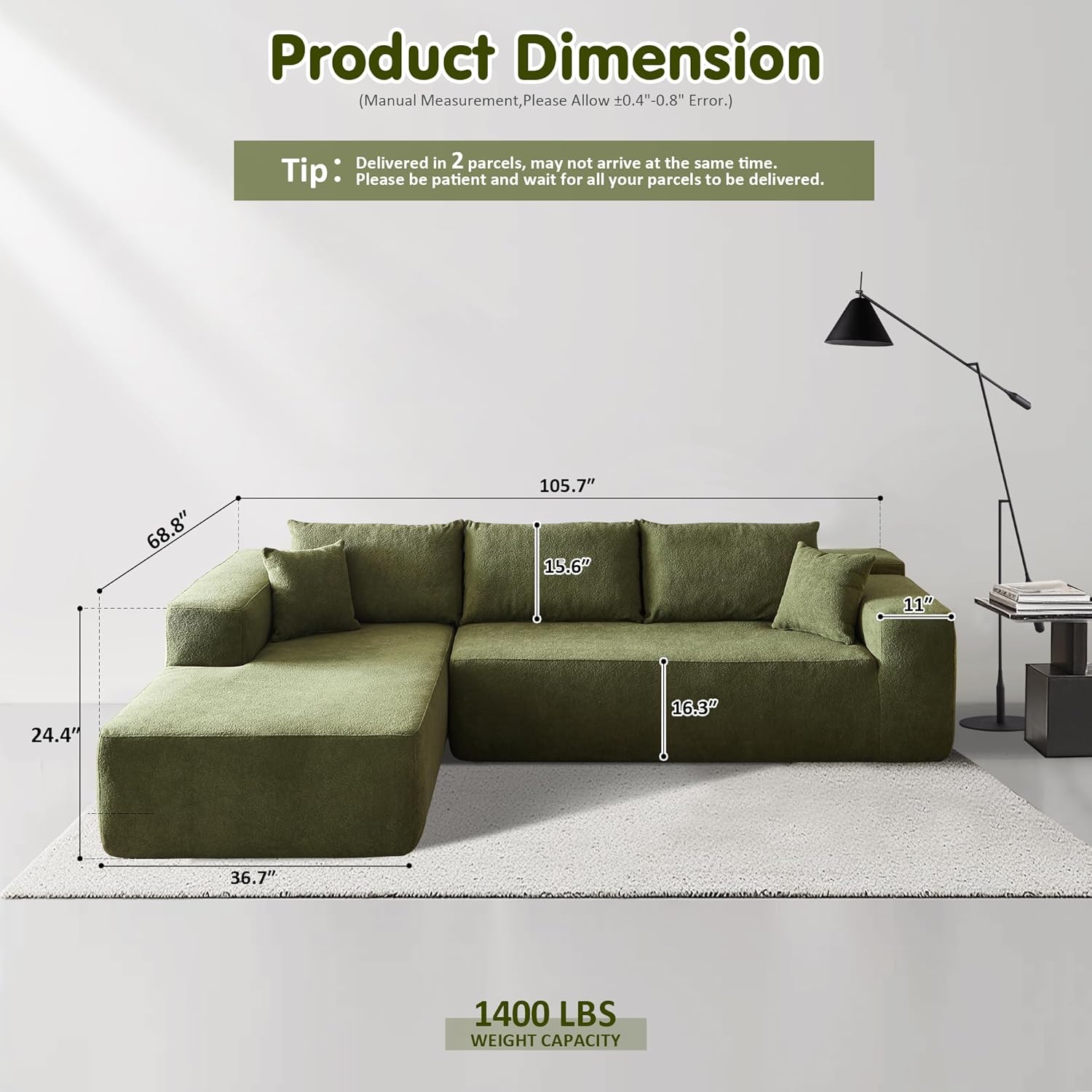ovios 104" Cloud Sectional Couch with L-Shape Chaise,Modern Modular Sofa with Deep Seat, Upholstered Couches for Living Room Bedroom,No Assembly Required, Black (Corduroy Fabric)