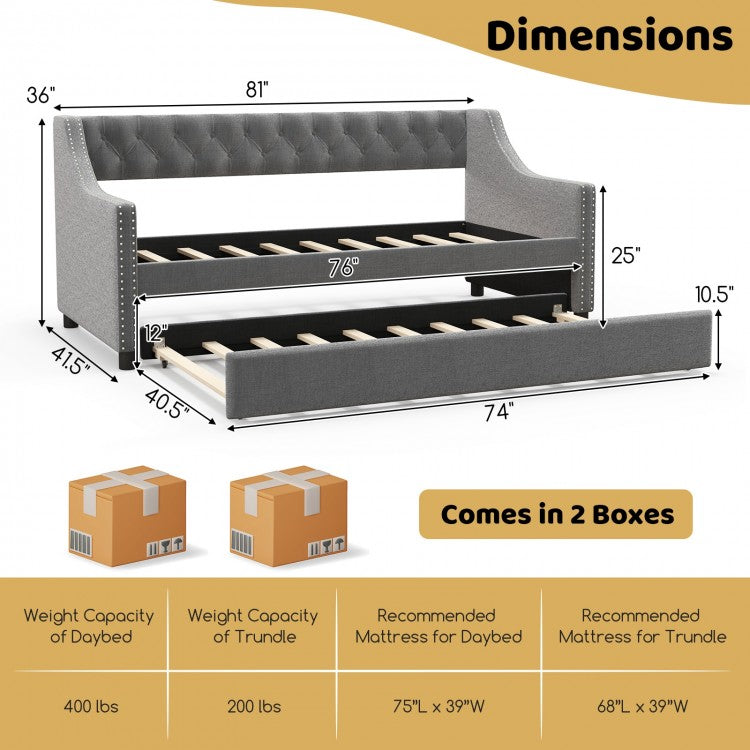Twin Size Daybed with Trundle Sofa Bed with Curved Armrests and Backrest